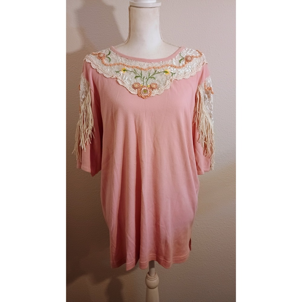 Vintage Lacy Afternoon Pink beaded Embroidered‎ Floral Fringe Top Women's large